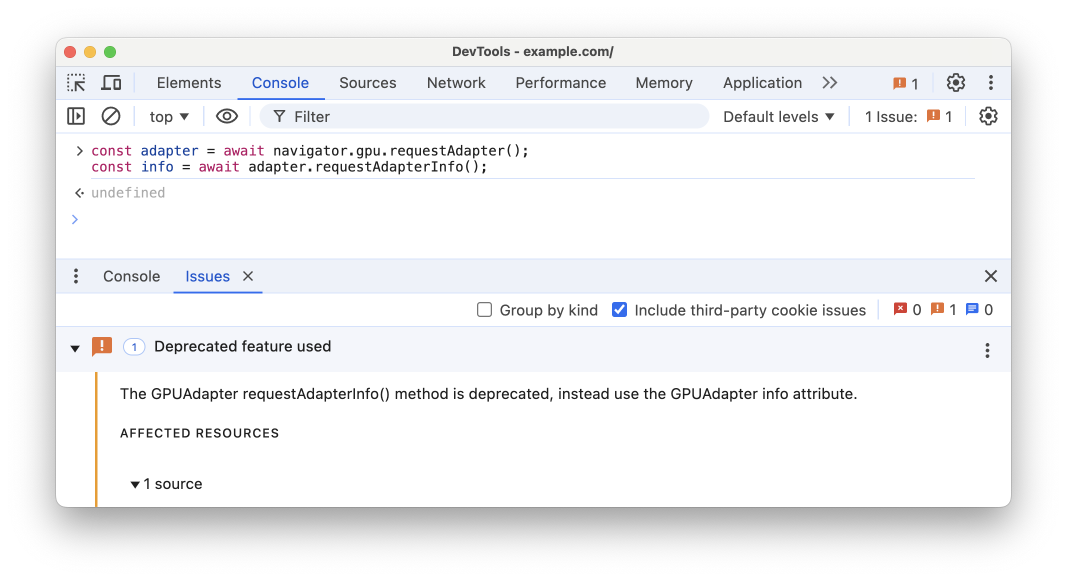 DevTools コンソールに、requestAdapterInfo() の非推奨に関する警告が表示されます。