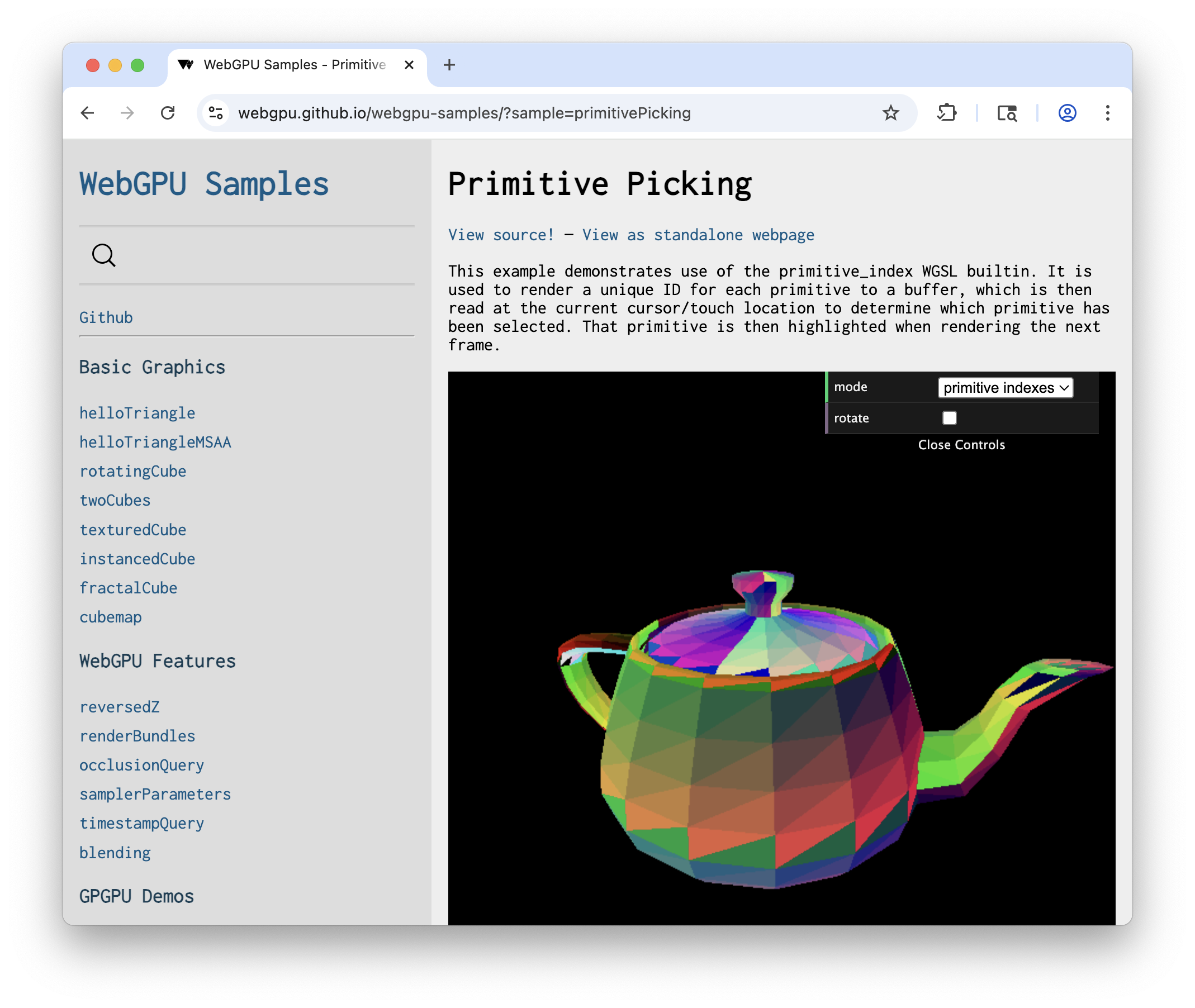 3D 茶壶模型三角形根据其图元索引值着色。