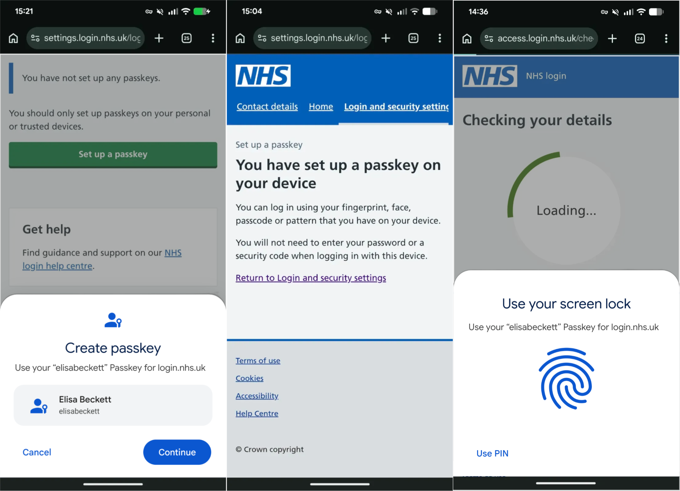 Step-by-step passkey registration flow on NHS login.