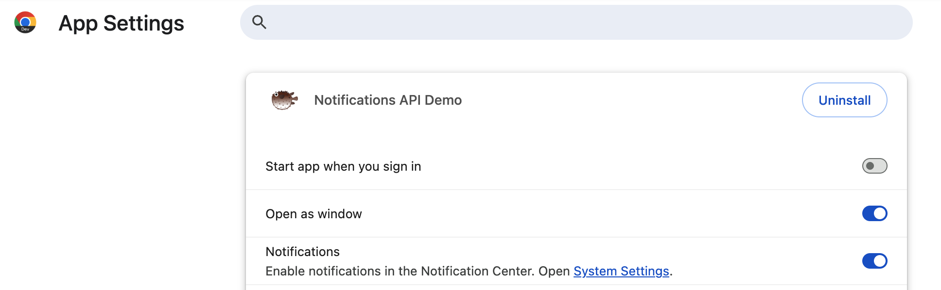 App settings with option to turn on or off notifications and a pointer at the System Settings to enable notifications.