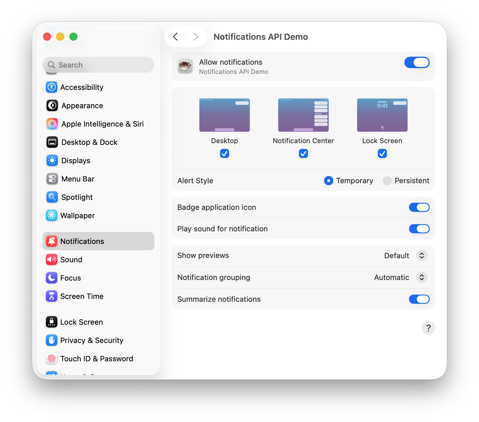 The macOS System Settings, highlighting the Alert style setting showing Temporary and Persistent.