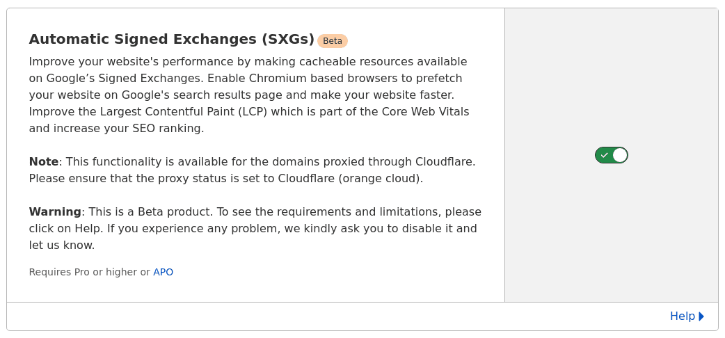 Riquadro delle impostazioni di Cloudflare con casella di controllo per attivare gli scambi firmati automatici