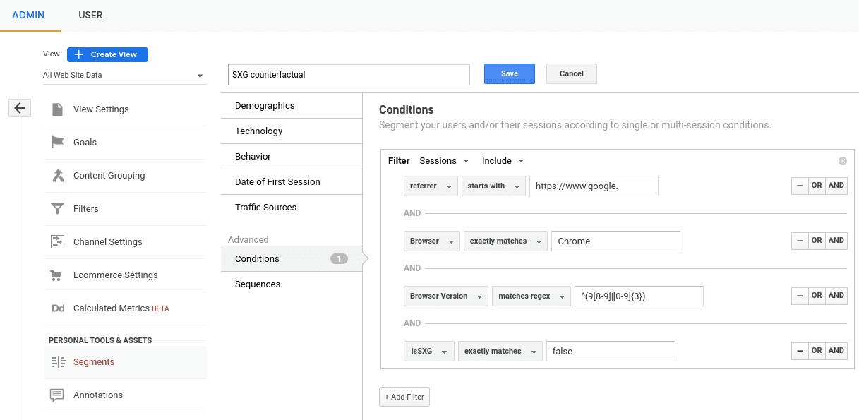 Éditeur de segment Google Analytics avec filtres recommandés