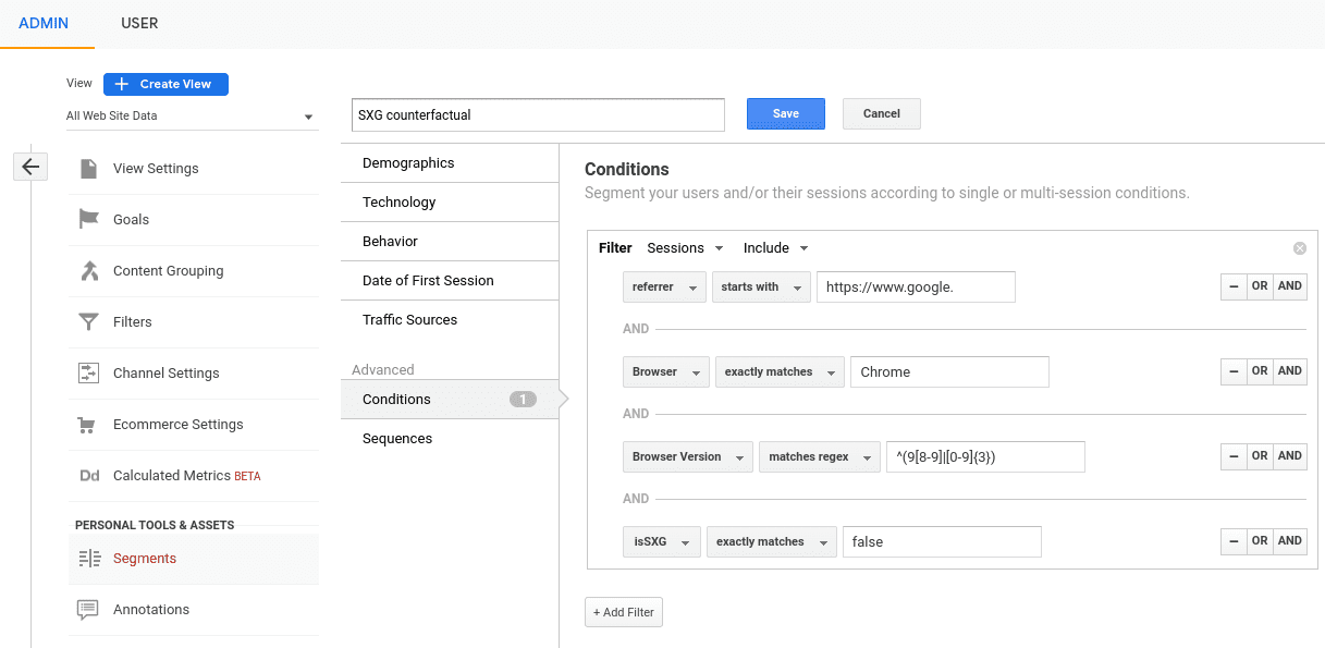 Google Analytics-segmenteditor met aanbevolen filters