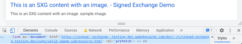 Hasil Google Penelusuran dengan DevTools menampilkan link dengan rel=prefetch untuk webpkgcache.com