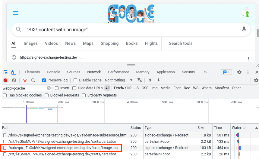 Resultados da Pesquisa Google com a guia &quot;Network&quot; do DevTools, mostrando um pré-carregamento de /sub/…/image.jpg