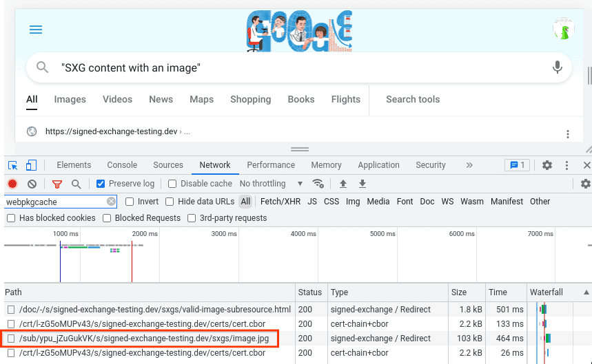 Google-zoekresultaten met het tabblad DevTools Network, met een prefetch van /sub/…/image.jpg