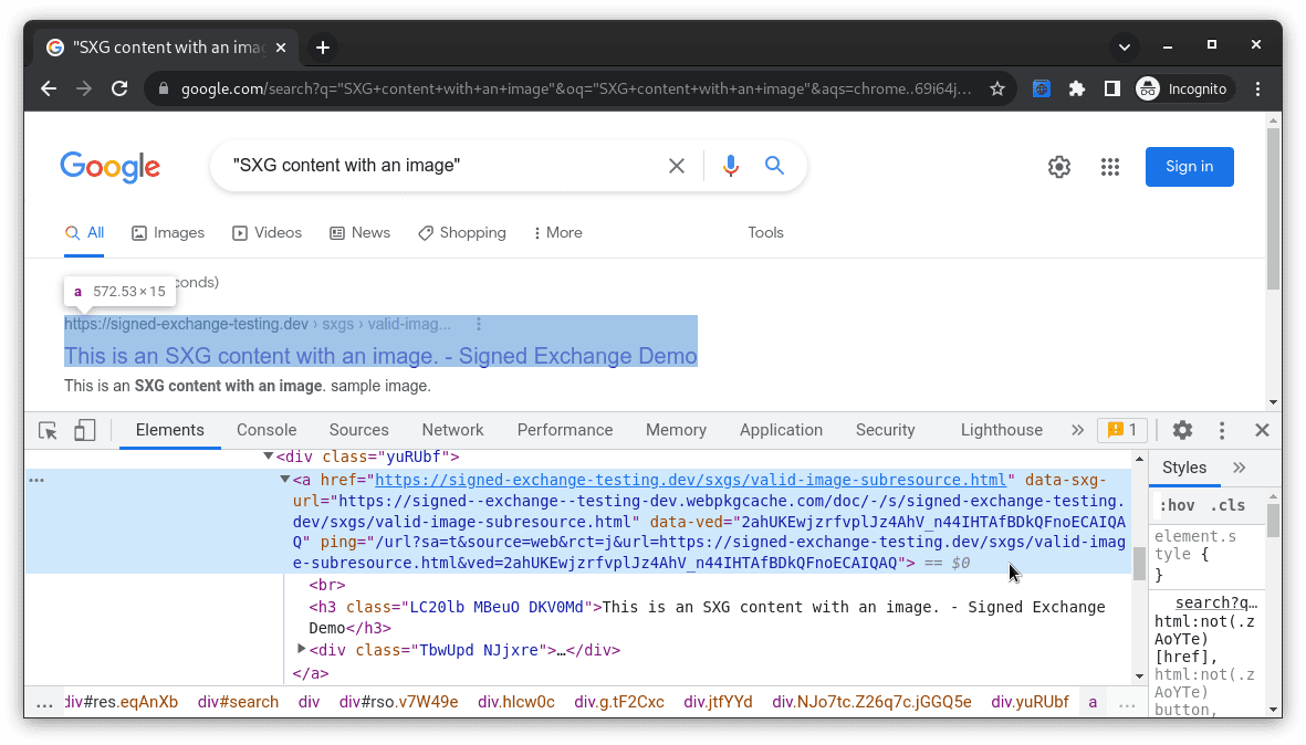 Resultados de la Búsqueda de Google con Herramientas para desarrolladores que muestran una etiqueta fija que apunta a webpkgcache.com