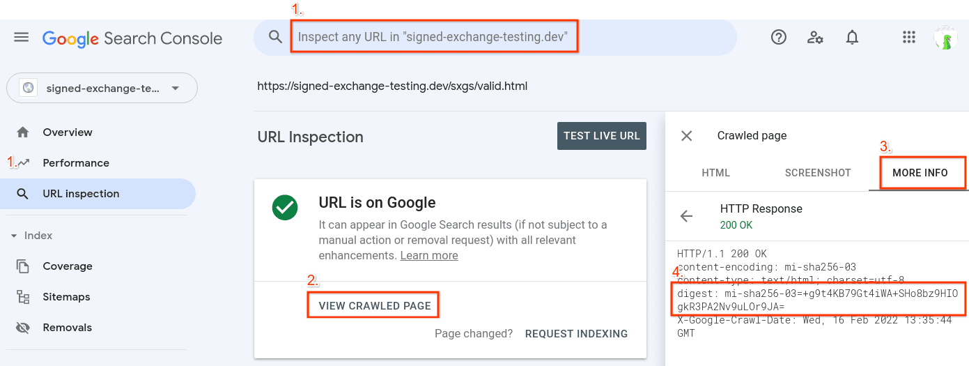 Herramienta de inspección de URLs de Search Console, haciendo clic en Ver página rastreada y, luego, en Más información