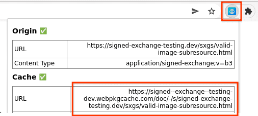 Validator SXG yang menampilkan informasi cache termasuk URL