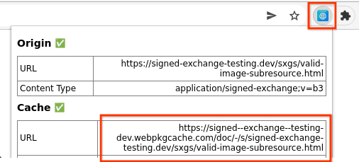 SXG Validator toont cache-informatie inclusief URL