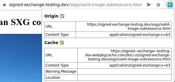 Outil de validation des échanges signés affichant une coche (✅) et un type de contenu application/signed-exchange;v=b3