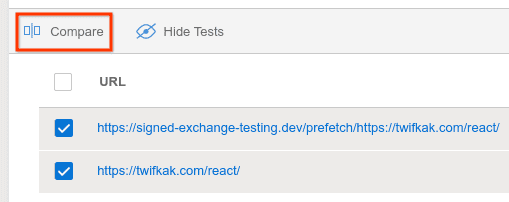 Testgeschiedenis met twee tests aangevinkt en de knop Vergelijken gemarkeerd