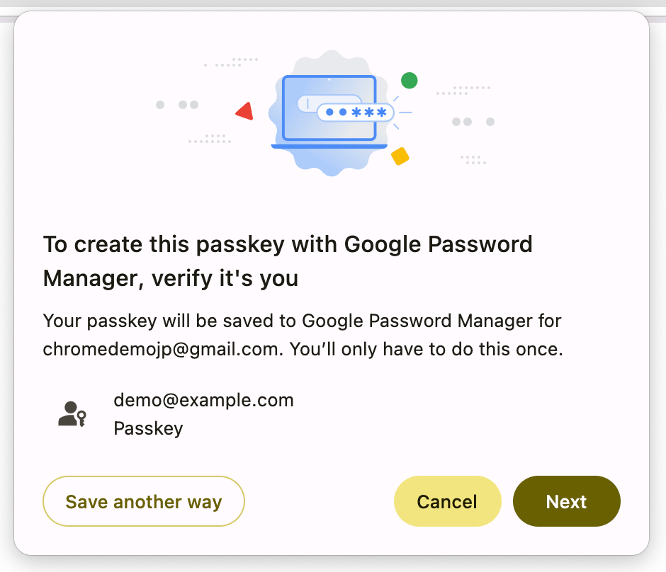 هنگامی که یک کلید عبور در Google Password Manager برای اولین بار در Chrome در Windows، macOS یا Linux ایجاد می‌شود، کاربران این گفتگو را خواهند دید.