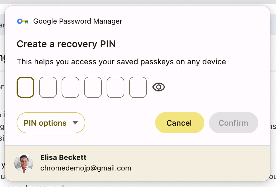 Quando un utente salva la prima passkey nel Gestore delle password di Google su Windows, macOS o Linux, gli viene chiesto di creare un PIN per il Gestore delle password di Google.