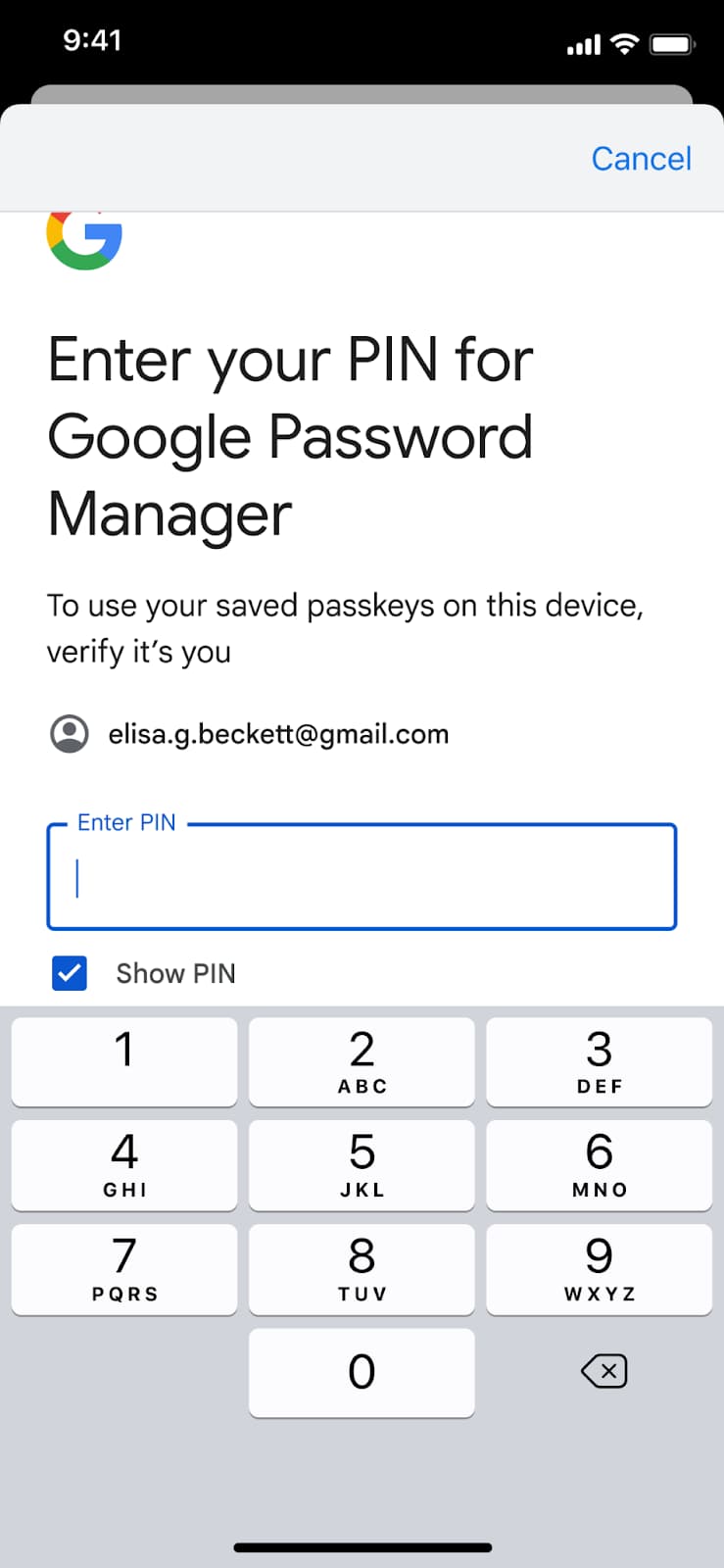 When a passkey on GPM is being created or accessed for the first time on Chrome on iOS, users without an Android device are asked to enter a PIN for GPM.