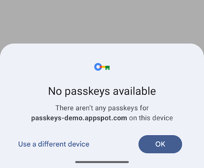 নতুন পাসকি ডায়ালগ একটি ভিন্ন ডিভাইস ব্যবহার করুন বিকল্প দেখায় যখন কোনো পাসকি উপলব্ধ না থাকে।