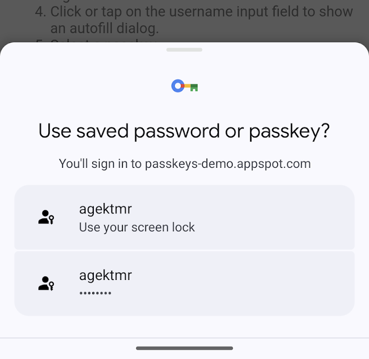El diálogo de acceso con llaves de acceso existente usando los Servicios de Google Play.