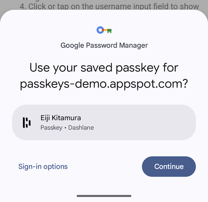 Dialogfeld für die Anmeldung mit Passkeys, wenn der Nutzer beispielsweise Dashlane als Passwortmanager auswählt