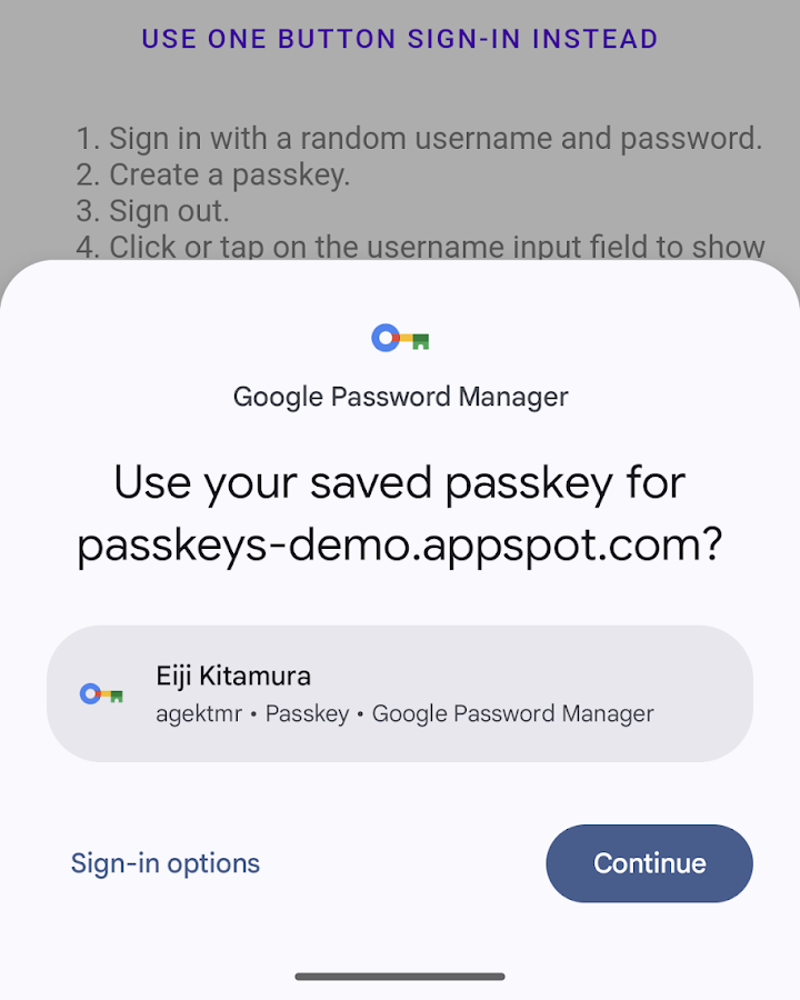 Passkeys haben im neuen Anmeldedialogfeld für Passkeys Vorrang vor anderen Optionen.