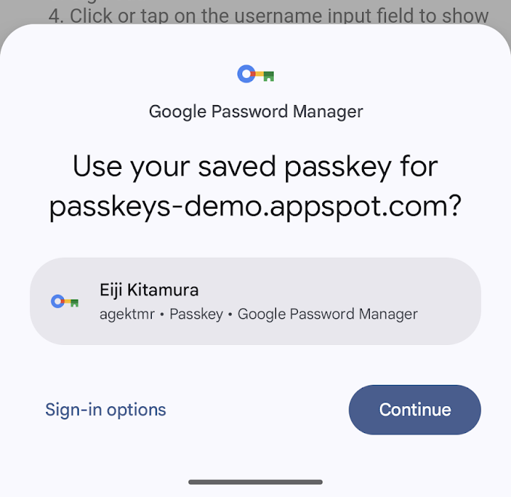 Das neue Anmeldedialogfeld für Passkeys, das vom Anmeldedaten-Manager unterstützt wird.