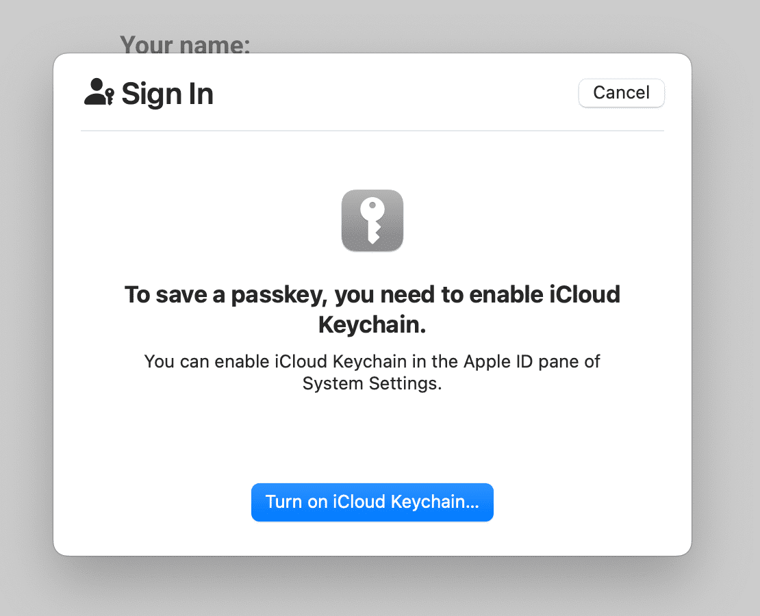 Boîte de dialogue qui s&#39;affiche lorsque le trousseau iCloud n&#39;est pas activé sur l&#39;ordinateur macOS de l&#39;utilisateur.