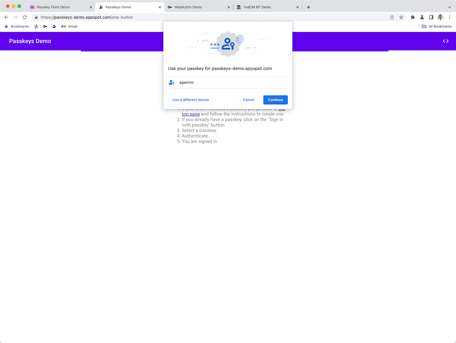 Caixa de diálogo de chave de acesso do Chrome para fazer login com uma chave de acesso salva no perfil do Chrome.