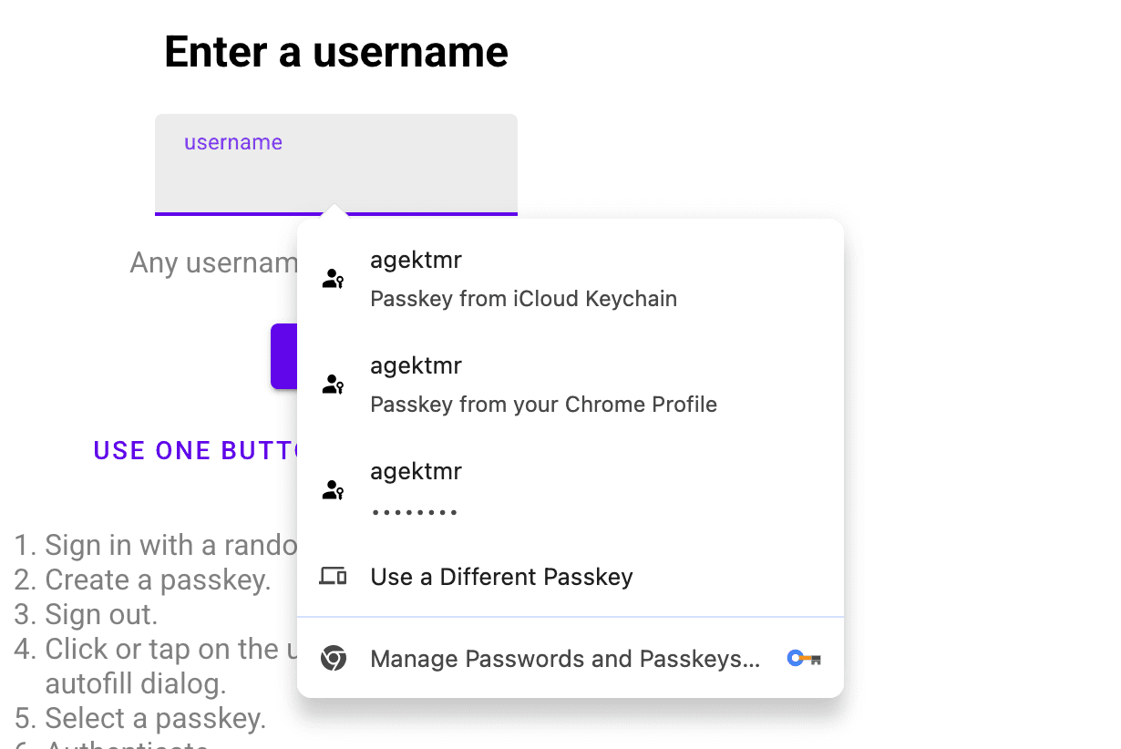 Autouzupełnianie formularzy sugeruje klucze dostępu z pęku kluczy iCloud i z profilu Chrome.