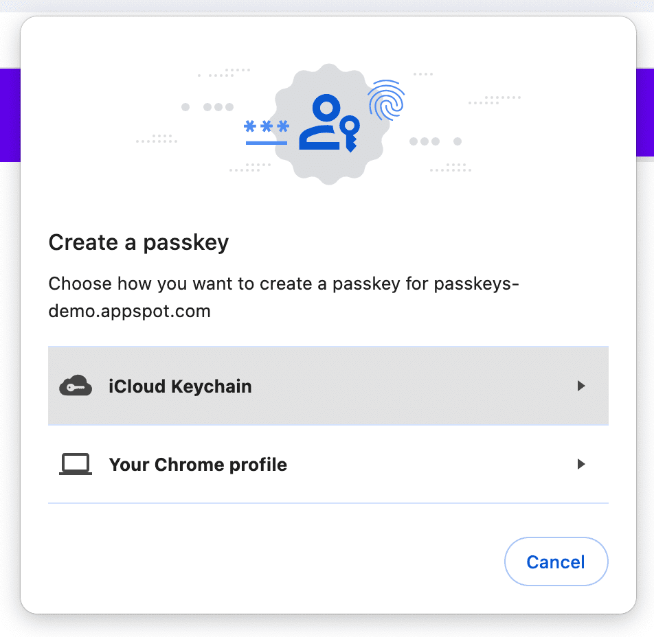 إذا ألغى المستخدم مربّع الحوار، سيطلب منك Chrome اختيار طريقة إنشاء مفتاح مرور.
