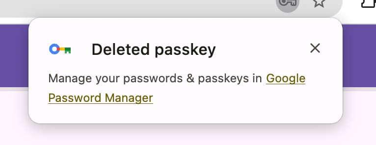 Ein Dialogfeld, das angezeigt wird, wenn ein Passkey aus dem Google Passwortmanager in Chrome gelöscht wird.