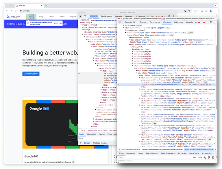 Captura de tela de uma instância do DevTools inspecionando os elementos no próprio DevTools.