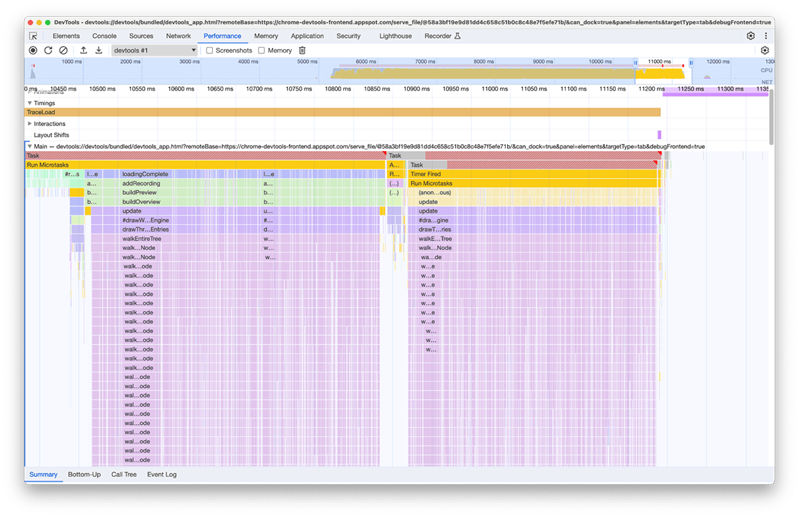 Capture d&#39;écran du panneau des performances montrant les six appels de fonction distincts pour générer la même minicarte de trace réduits à deux appels seulement.