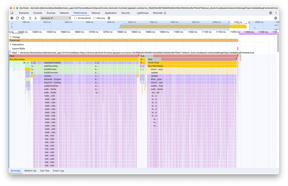 Zrzut ekranu z panelem wydajności, na którym widać 6 osobnych wywołań funkcji służących do generowania tej samej minimapy logu czasu z wykorzystaniem tylko 2 razy.