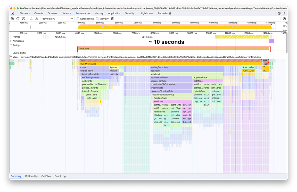 Screenshot des Bereichs „Leistung“ mit dem Trace-Ladevorgang vor den Optimierungen Der Vorgang dauerte etwa zehn Sekunden.