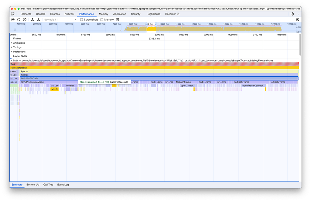 Geliştirici Araçları&#39;ndaki başka bir performans paneli örneğini inceleyen performans panelinin ekran görüntüsü. buildProfileCalls işleviyle ilişkili bir görev yaklaşık 0,5 saniye sürer.