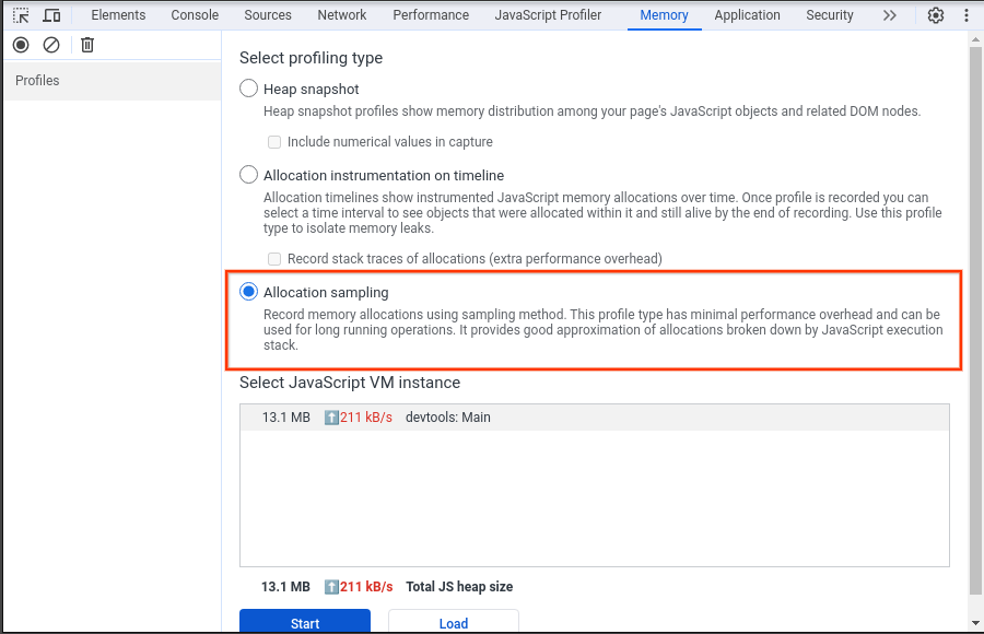 A screenshot of the memory profiler's initial state. The 'allocation sampling' option is highlighted with a red box, and it indicates that this option is best for JavaScript memory profiling.