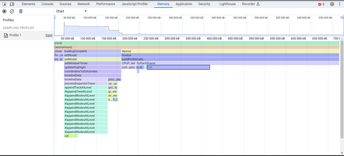 Een schermafbeelding van de geheugenprofiler, waarbij een geheugenintensieve set-gebaseerde bewerking is geselecteerd.