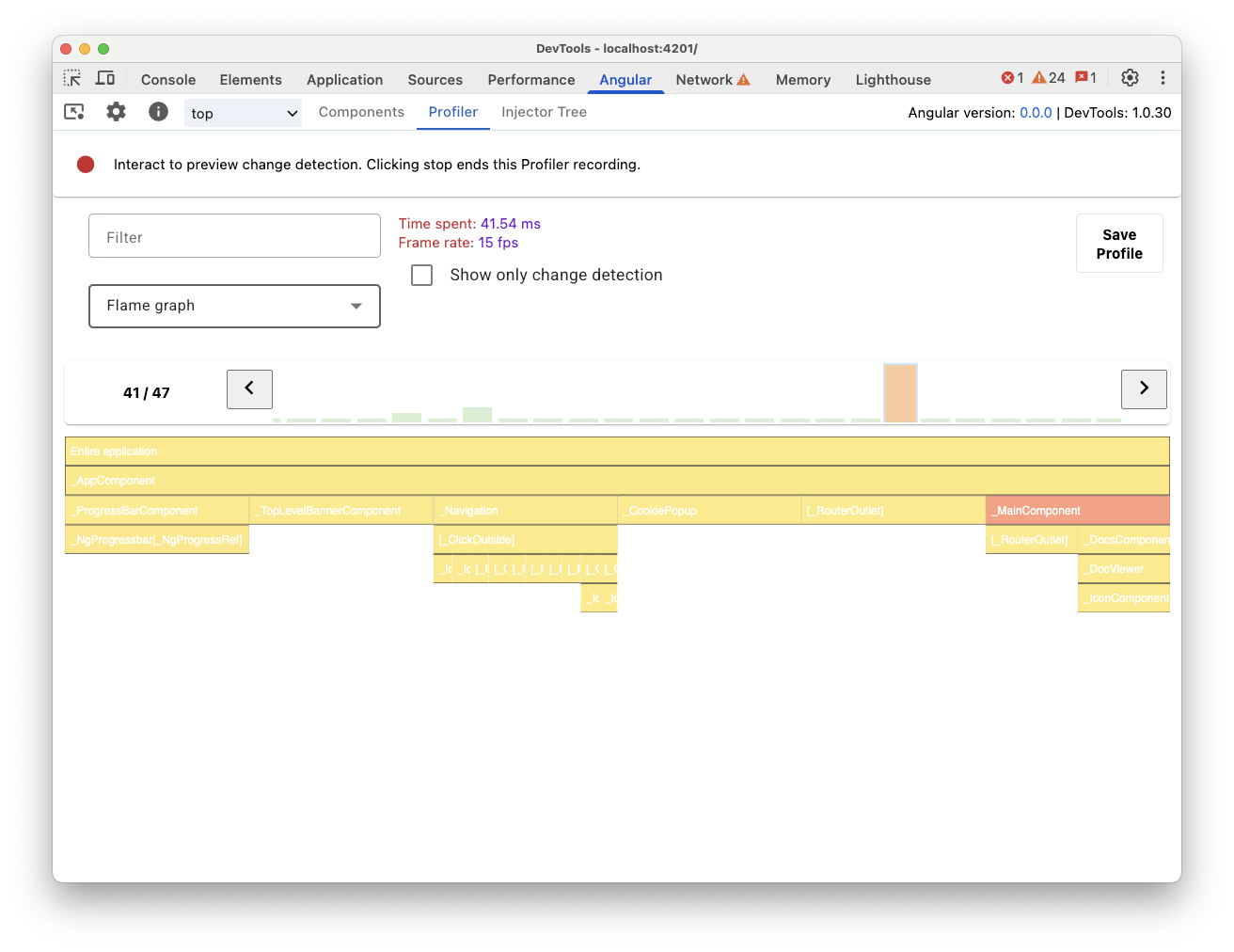 Angular DevTools 中的 Profiler 标签页，显示了 Angular 应用运行时的火焰图。构成火焰图的项具有可读的标签，让人联想到 Angular 组件名称。