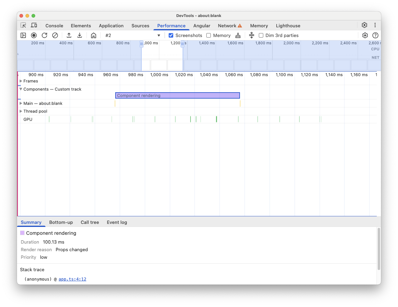The Performance panel trace view. It focuses on the expanded custom track called 'Components' which contains an measurement called 'Component rendering'