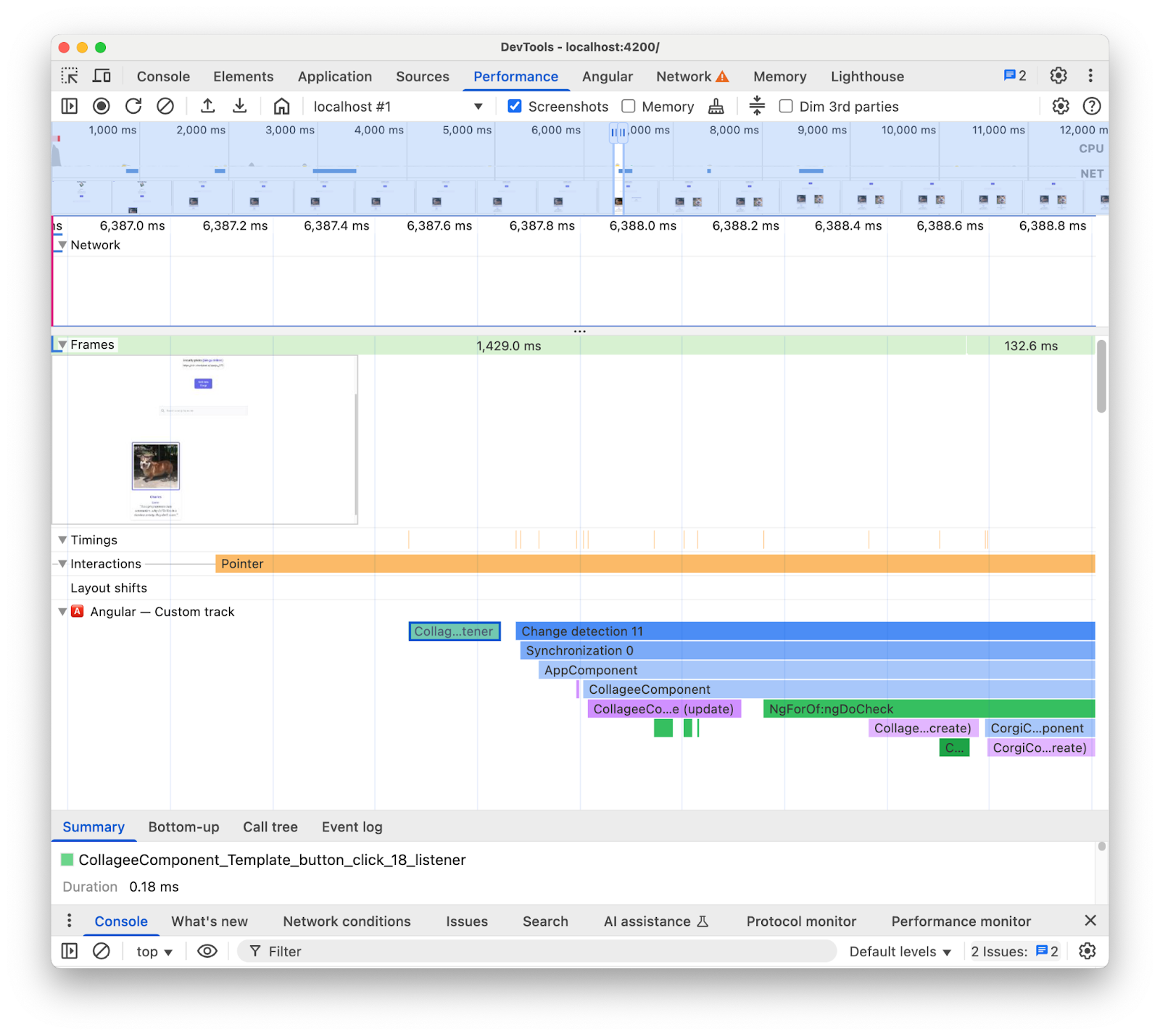 성능 패널 추적 보기 개발자 친화적인 방식으로 Angular 앱의 런타임 활동을 나타내는 다양한 색상의 측정값이 포함된 플레임차트가 포함된 &#39;Angular&#39;라는 확장된 맞춤 트랙에 중점을 둡니다.