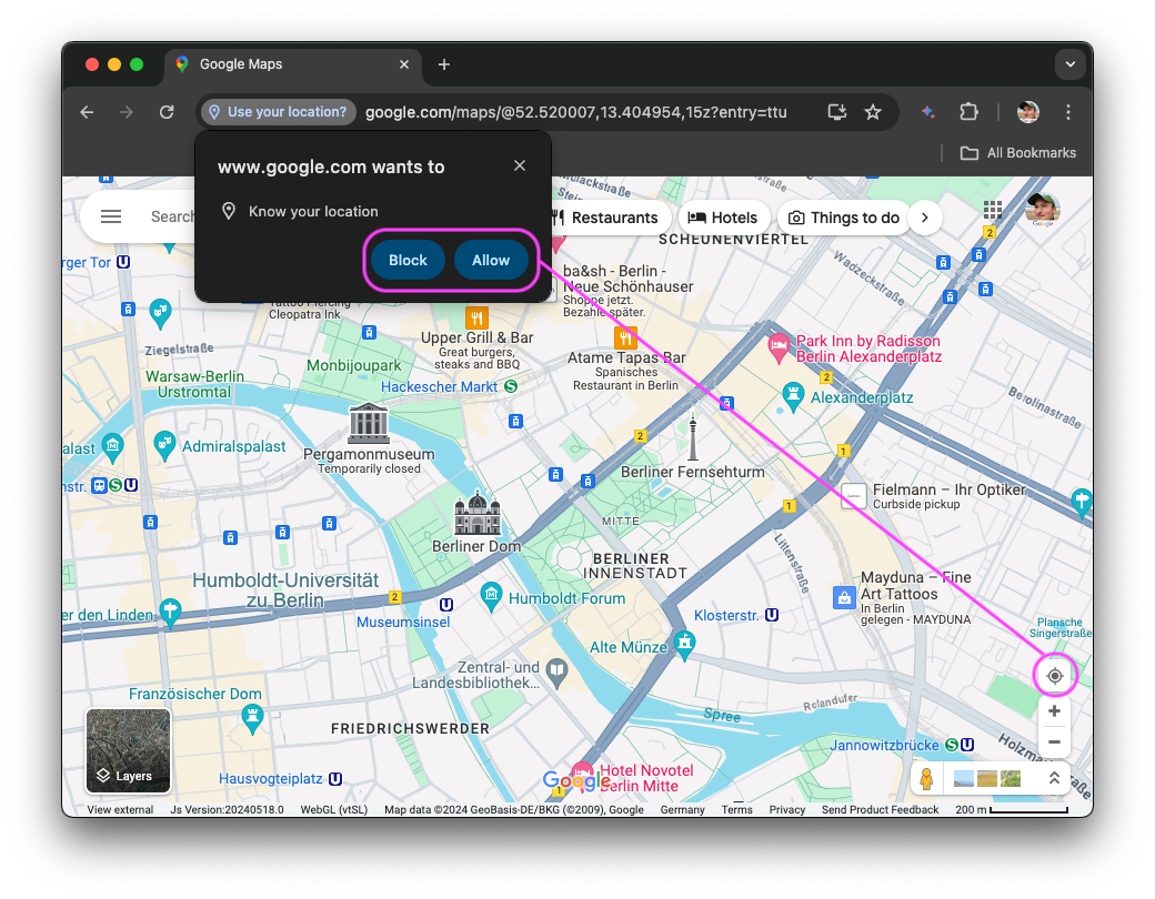 Google Maps con il prompt dell'autorizzazione di accesso alla posizione aperto. Il pulsante di accesso alla posizione che ha attivato la richiesta è lontano.