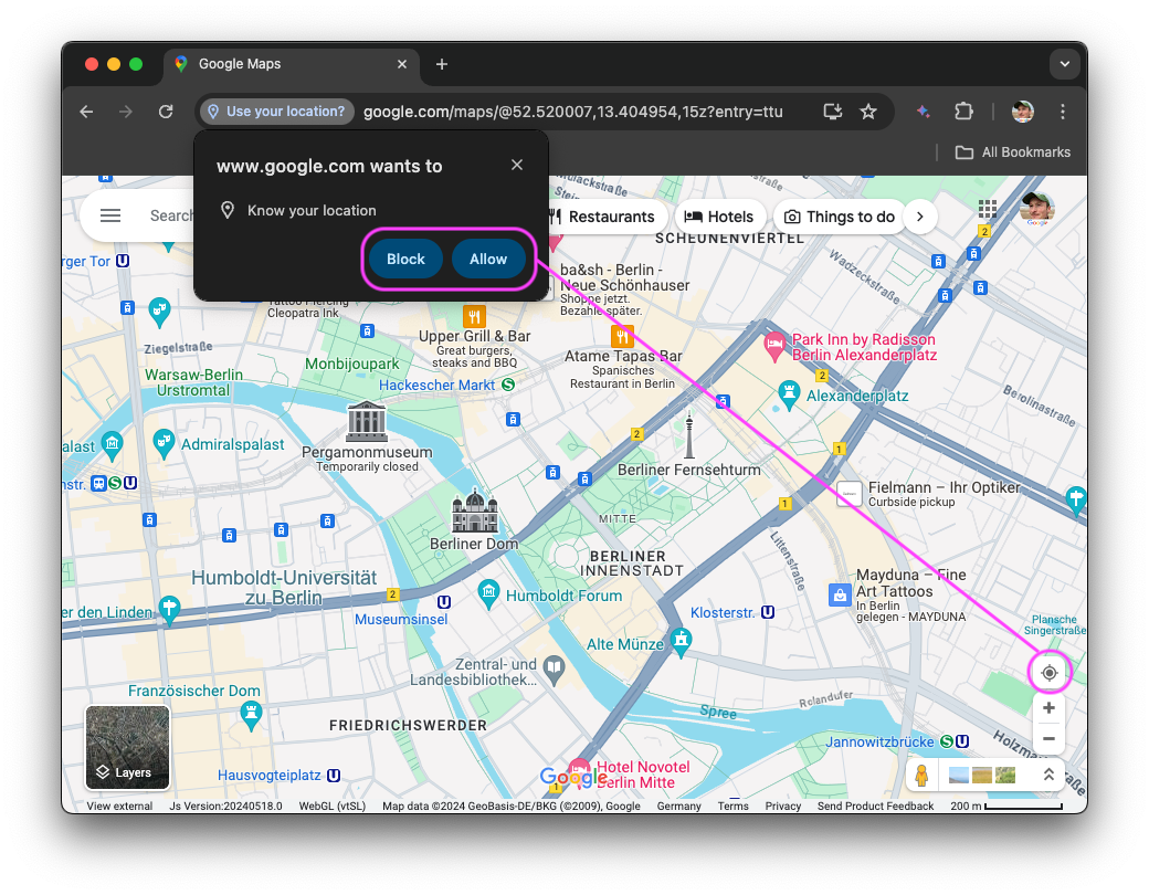 Google Maps với lời nhắc cấp quyền truy cập thông tin vị trí đang mở. Nút truy cập thông tin vị trí đã kích hoạt lời nhắc ở cách xa.