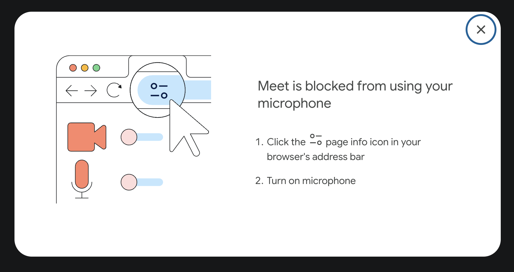 Instruções do Google Meet sobre como abrir os controles do site do Chrome.