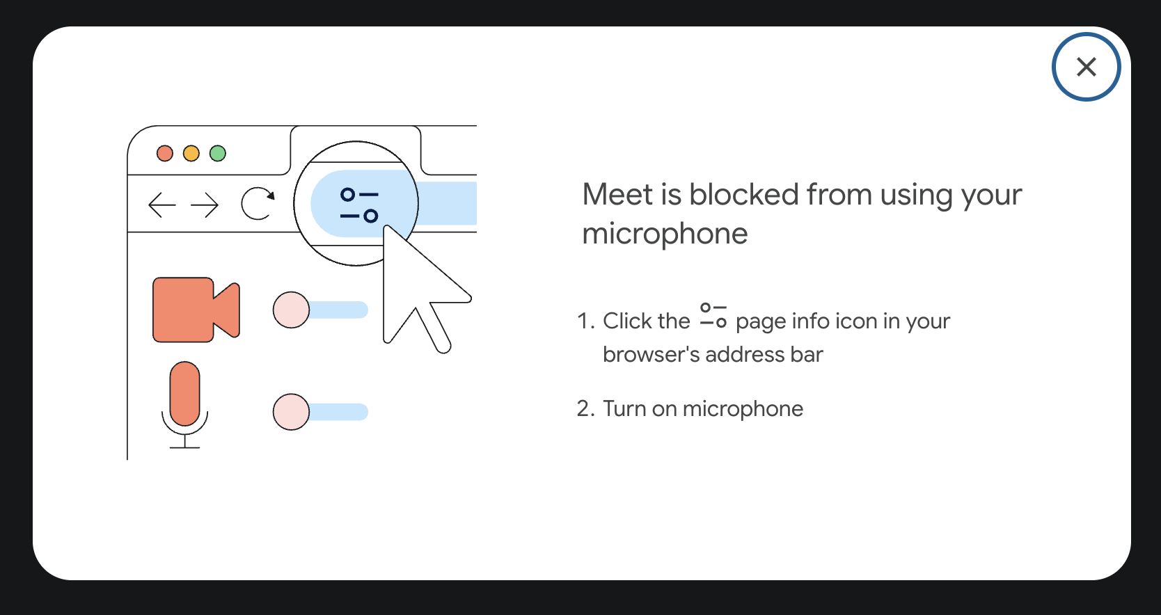 Chrome のサイト管理を開く方法を Google Meet で説明しています。