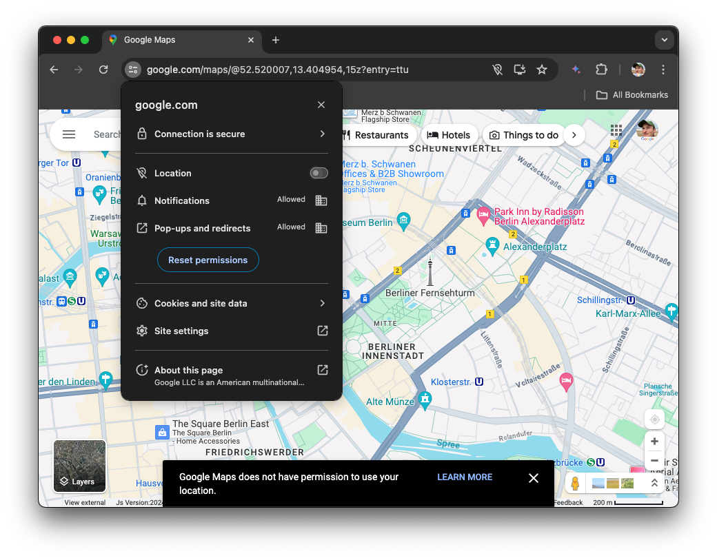 Commandes Chrome relatives aux sites sur Google Maps pour révoquer des autorisations.