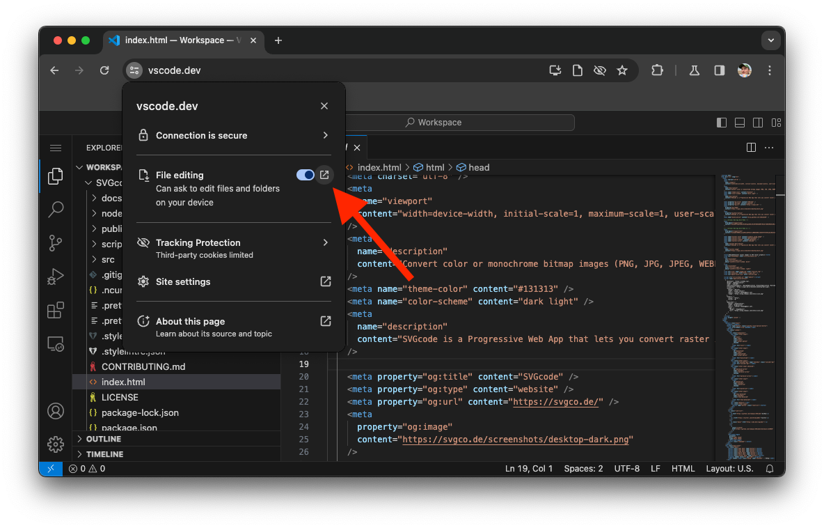 إعدادات الموقع الإلكتروني في Visual Studio Code مع رمز تعديل الملف