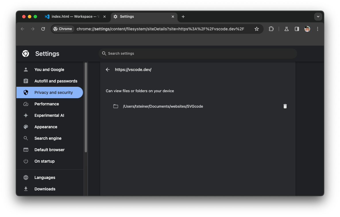 Privacy- en beveiligingsinstellingen van Chrome voor de vscode.dev-site.