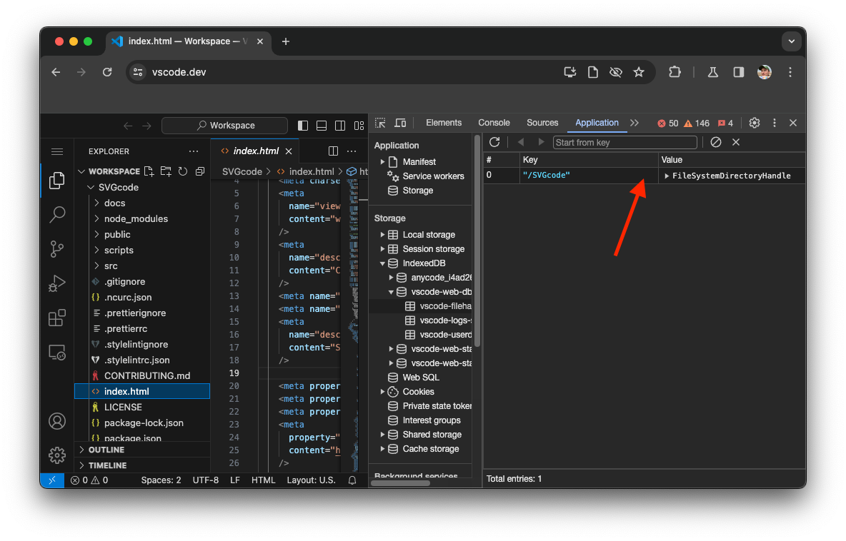 Herramientas para desarrolladores de Chrome que depuran Visual Studio Code y muestran la sección IndexedDB con el FileSystemHandle almacenado