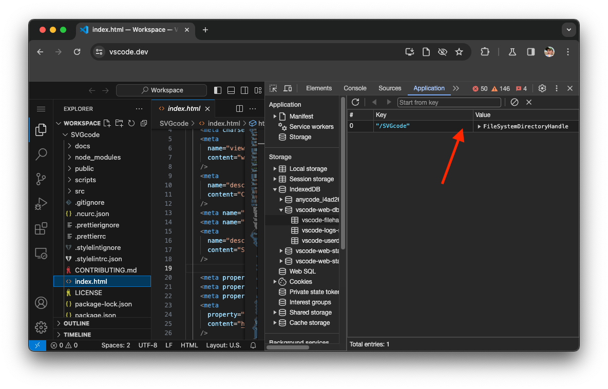 ניפוי באגים ב-Visual Studio Code של כלי הפיתוח ל-Chrome שמוצג בו הקטע IndexedDB עם קובץ FileSystemHandle שנשמר.