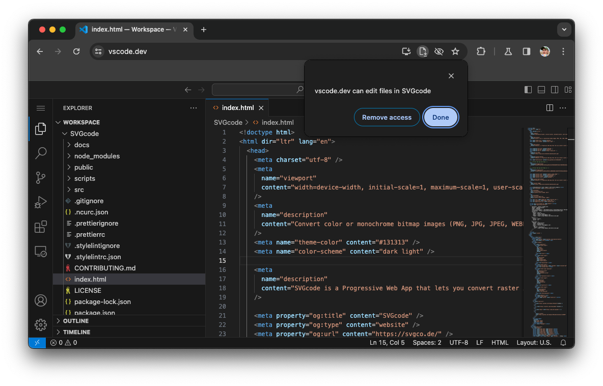 Visual Studio Code con el mensaje del ícono de la barra de direcciones.